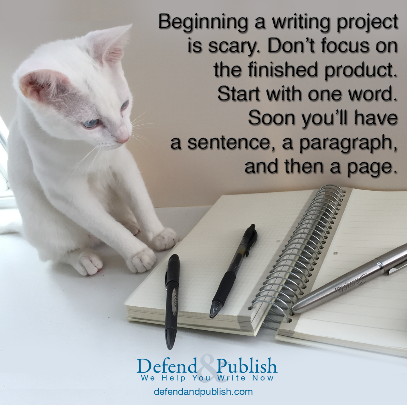 Beginning a writing project is scary. Don't focus on the finished product. Start with one word. Soon you'll have a sentence, a paragraph, and then a page.